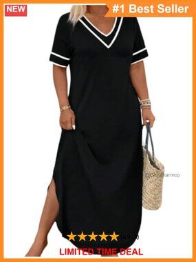 Plus Size Striped Short Sleeve Maxi T-Shirt Dress V-Neck Side Slit